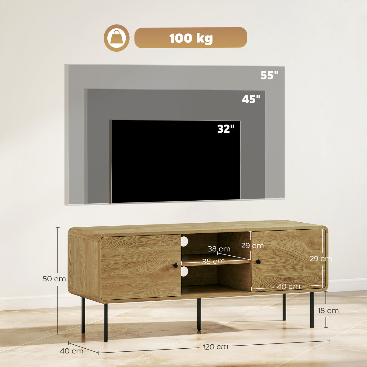 Meuble TV, meuble télé jusqu'à 55 pouces avec 2 portes, 2 compartiments ouverts, pieds en acier, 120x40x50cm, chêne-2