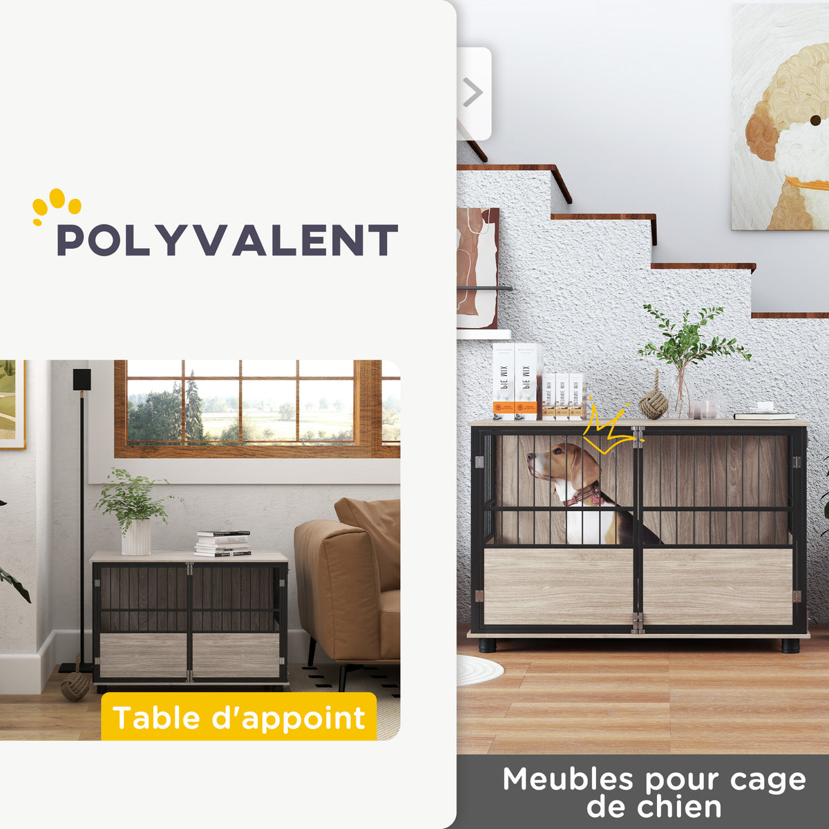 Cage pour chien intérieur, table d'appoint, 100 x 60 x 68 cm, niche, 3 portes verrouillables, aspect bois noir-4