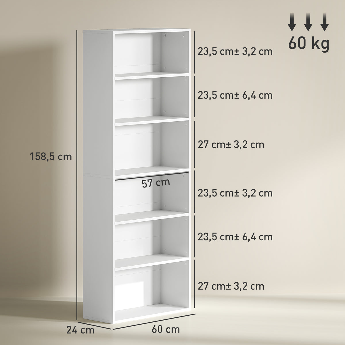 Bibliothèque étagère de rangement 6 niveaux avec étagères réglables pour salon, chambre, bureau, 60x24x158,5cm, blanc-2