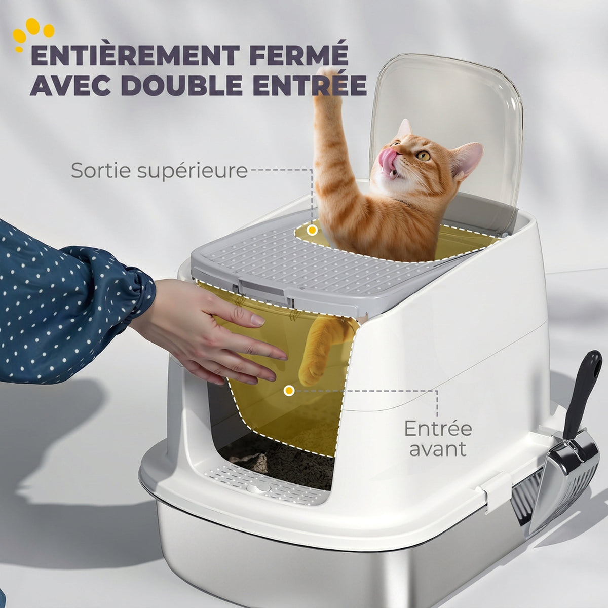 Bac à Litière Fermé en Inox, Couvercle Amovible, Entrée Frontale et Sortie Supérieure, Pelle, 52,4x41,3x39,8cm, Blanc-4