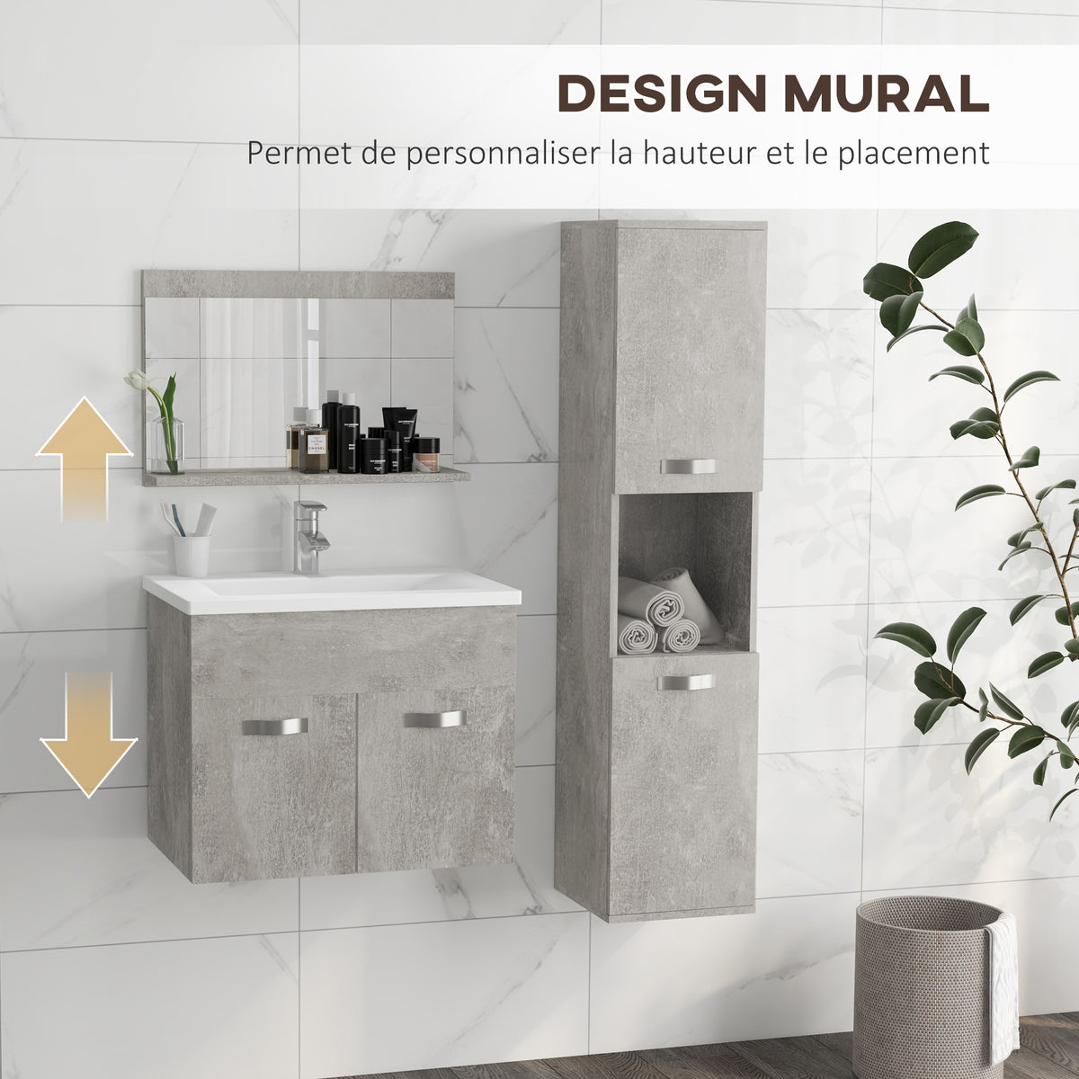 Ensemble de Meubles de Salle de Bain 4 Pièces, Mural, avec Miroir, Meuble sous Vasque, Lavabo et Armoire Haute, gris-4