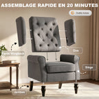Fauteuil de Salon, Fauteuil d'Appoint Mi-Siècle Moderne en Velours avec Haut Dossier Capitonné à Oreilles, Gris-6