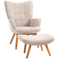 Fauteuil avec repose pied, dossier haut, pieds en bois et tissu aspect velours côtelé, pour salon chambre à coucher beige-0