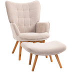 Fauteuil avec repose pied, dossier haut, pieds en bois et tissu aspect velours côtelé, pour salon chambre à coucher beige-0