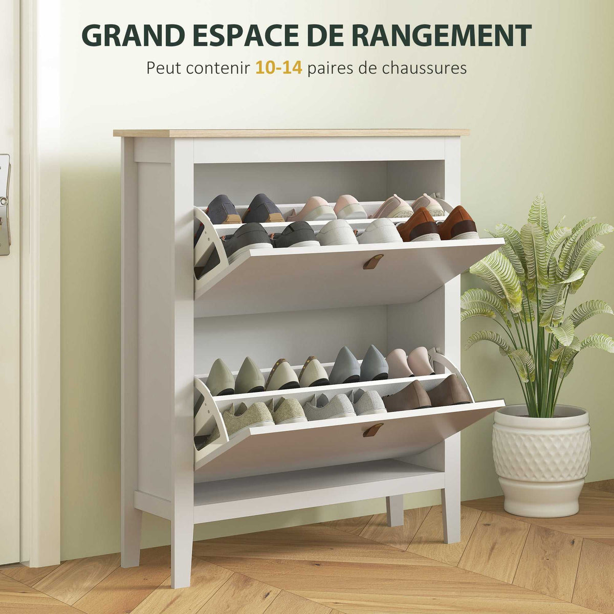 Meuble à chaussures 14 paires, armoire à chaussures avec 2 tiroirs rabattables, étagères amovibles et réglables, blanc-3