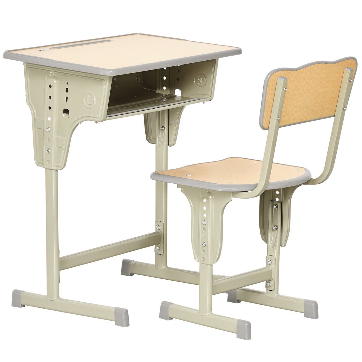 Bureau enfant Vintage style pupitre d'écolier - ensemble bureau et chaise réglable - case de rangement, bracket, range-stylos - acier kaki MDF aspect bois clair-0