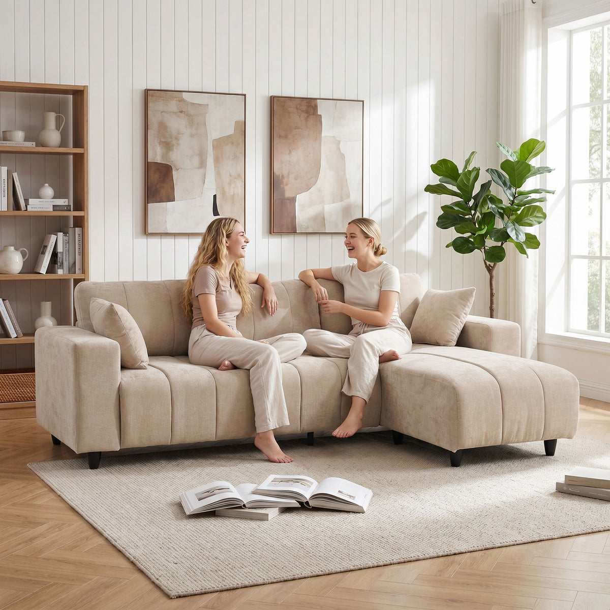 Canapé d'Angle Modulable 242 cm, Canapé 4 Places en L avec Méridienne Réversible, 2 Oreillers, Tissu Aspect Lin, Beige-9