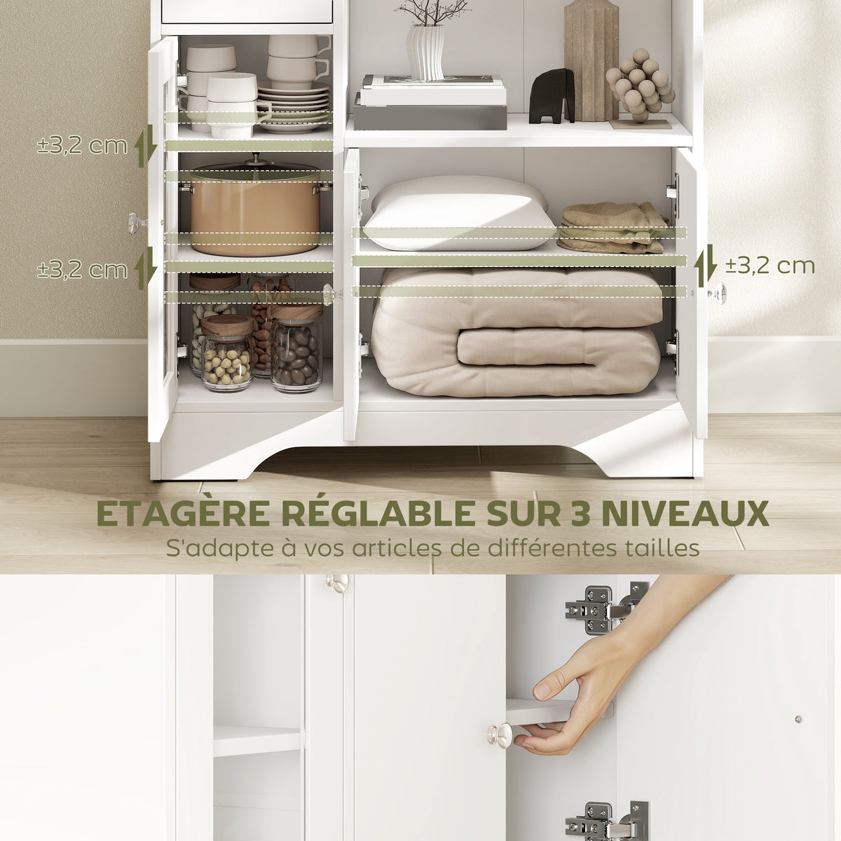 Buffet de cuisine moderne avec porte en verre, tiroir, grande niche et étagères réglables 80 x 30 x 82 cm blanc-4