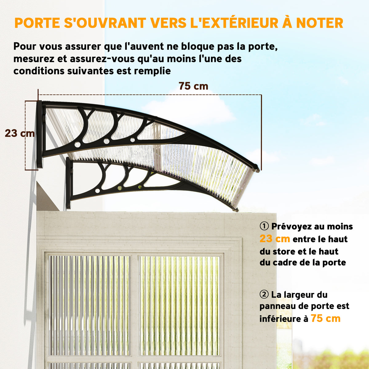 Auvent de porte d'entrée, toit marquise de porte exterieur en polycarbonate et profil aluminium résistante toit abri protection contre la pluie et UV pour terrasse, balcon, 100x75cm, transp.-5