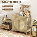Buffet cuisine, meuble de rangement avec 2 portes effet rotin et étagère réglable, 75 x 38 x 77 cm, bois naturel-3