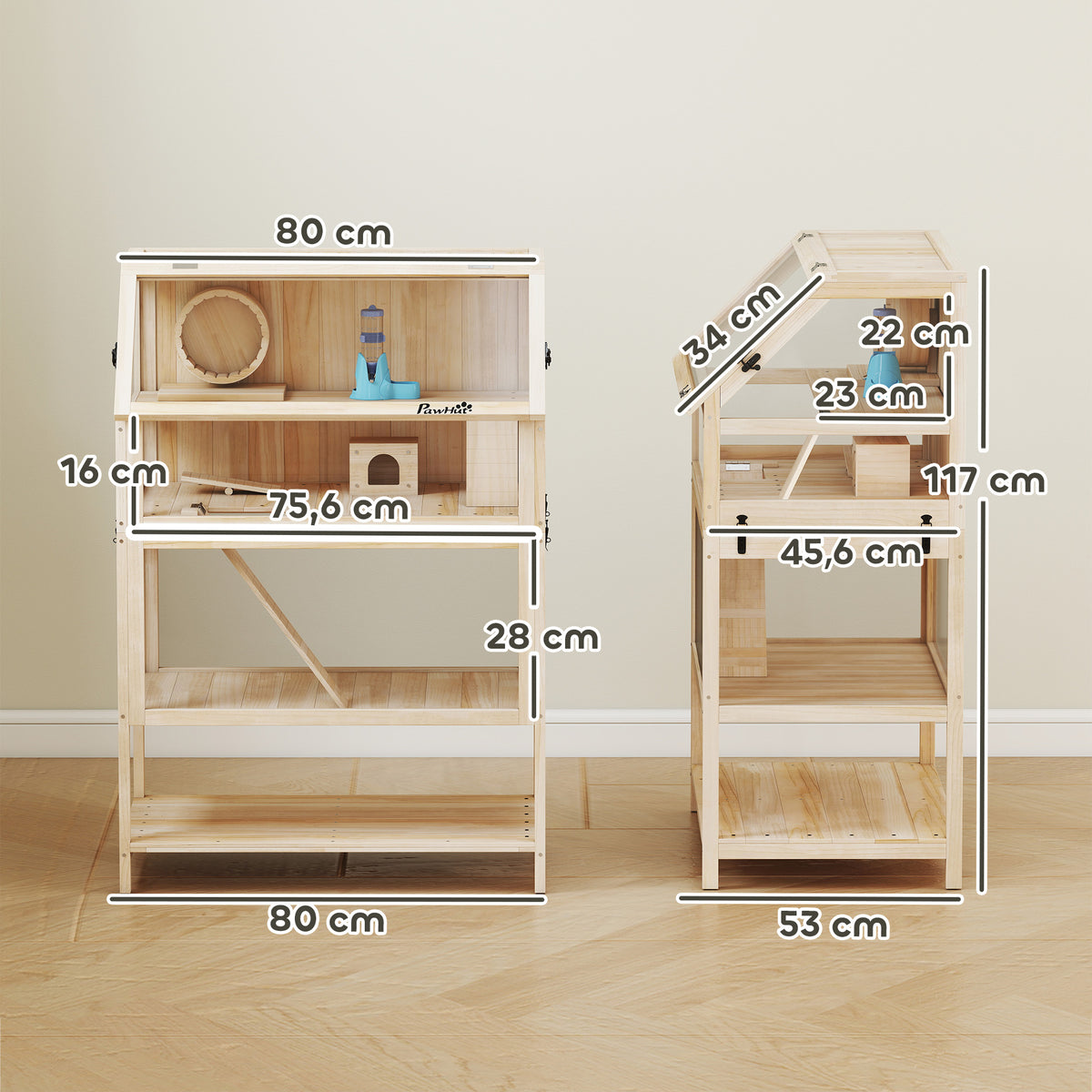 Cage pour hamster habitat pour rongeur 3 étages avec panneau acrylique et roue 80x53x117cm effet bois naturel-2