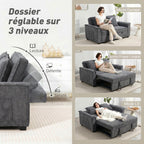 Canapé convertible 2 places, canapé-lit clic-clac en chenille, dossier réglable, 2 coussins, poche latérale, gris-4