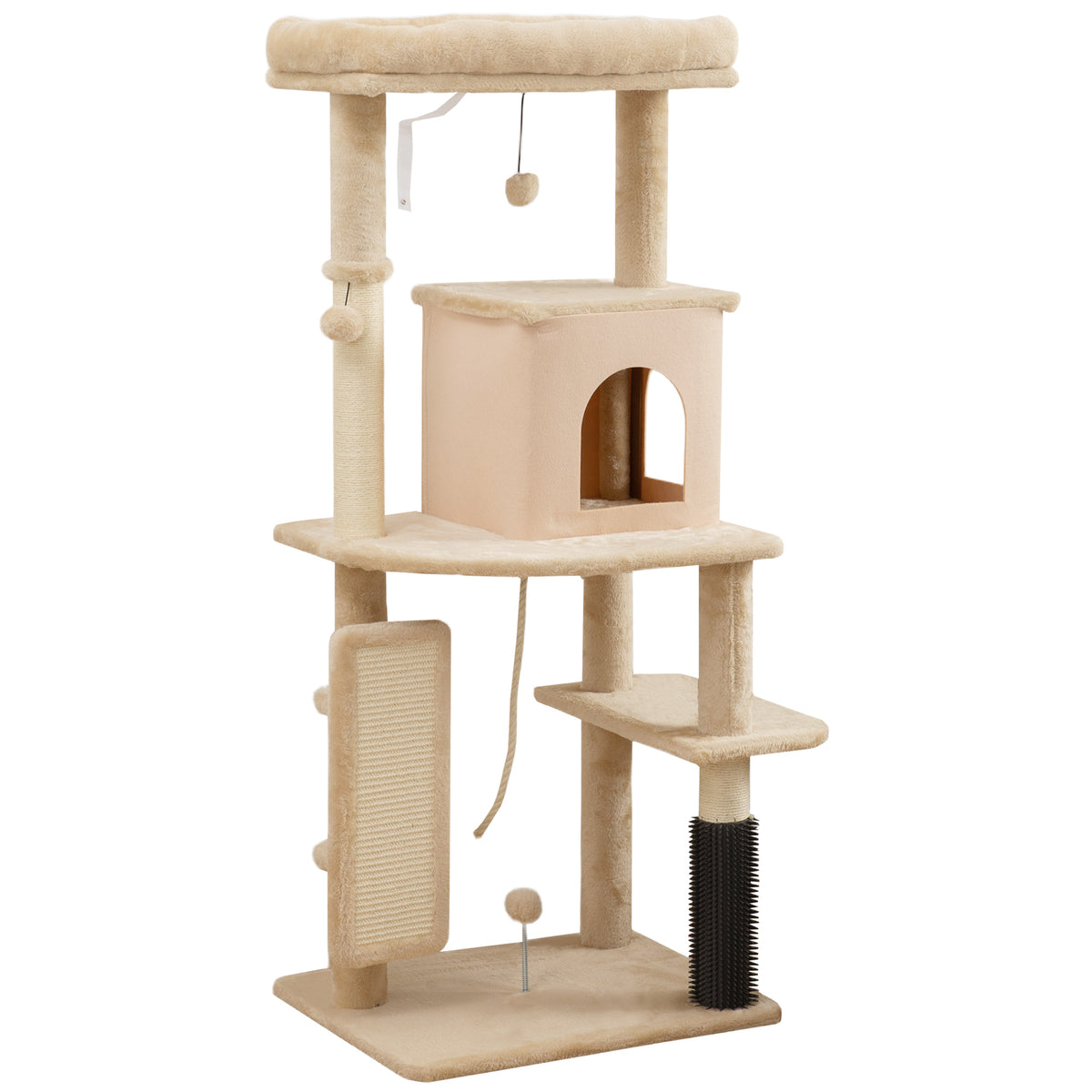 Arbre à chat, tour de jeux, hauteur de 132 cm, avec lit, maison, brosse de toilettage, 55 x 44 x 132 cm, beige-0