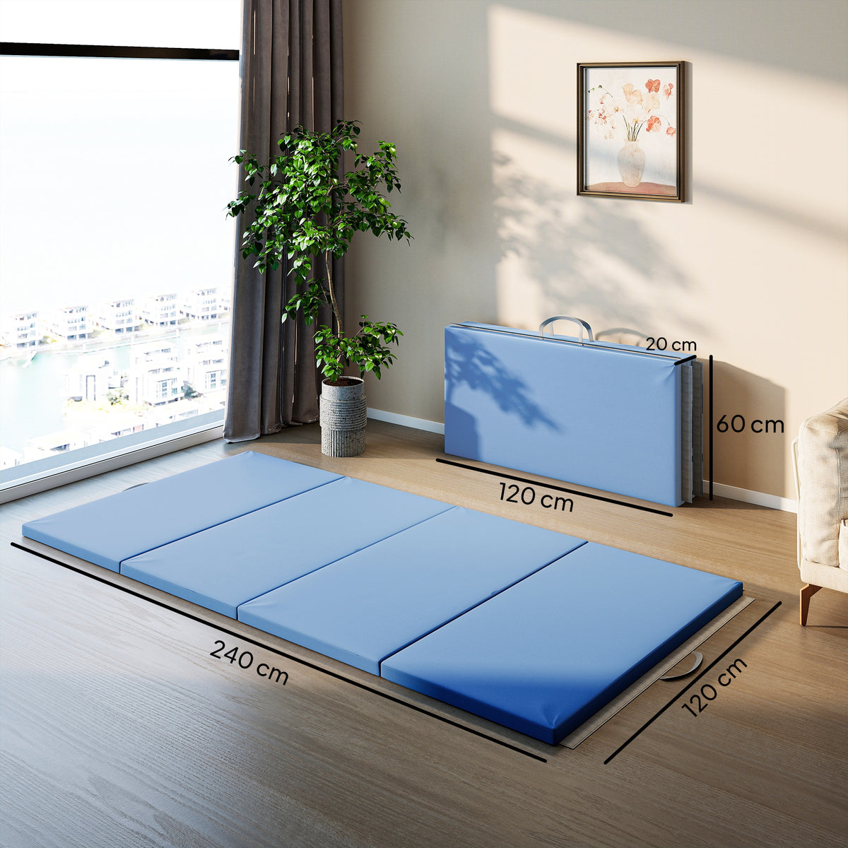 Tapis de gymnastique yoga pilates fitness pliable en 4 avec poignées revêtement synthétique 240 x 120 x 5 cm bleu clair-2