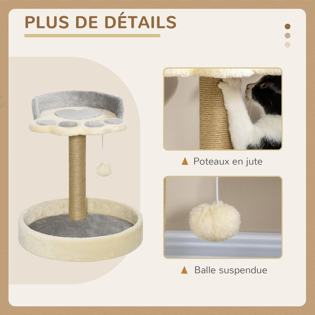 Arbre à chat griffoir grattoir en forme de patte 2 plateformes et un pompon suspendu hauteur 44 cm gris-4