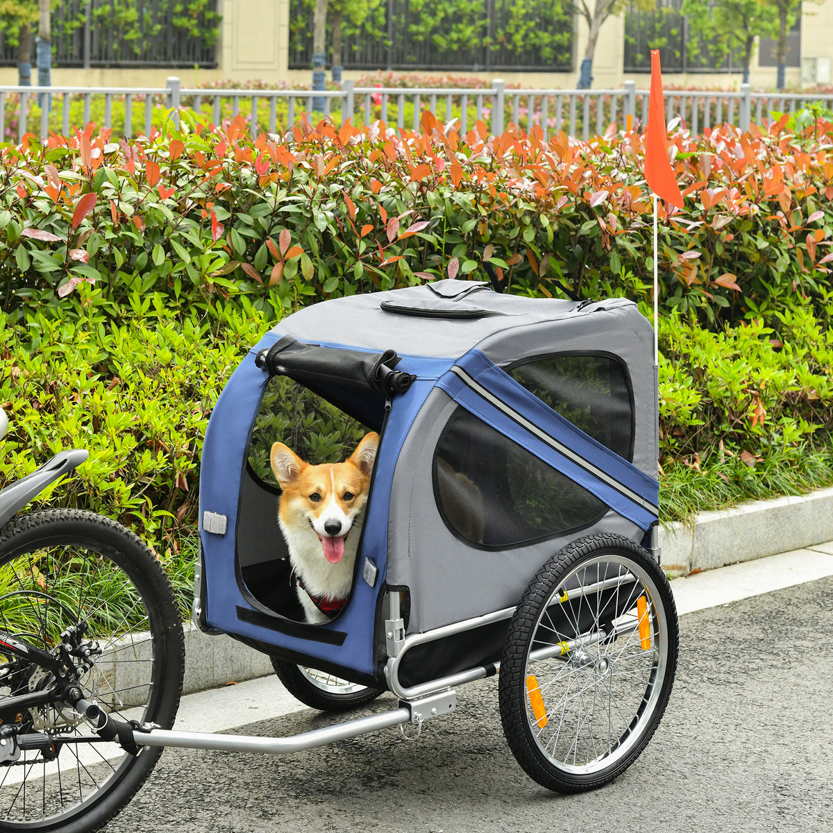 Remorque vélo pour chien animaux 8 réflecteurs drapeau barre attelage inclus acier polyester imperméable max. 30 Kg 130L x 73l x 90H cm bleu-1