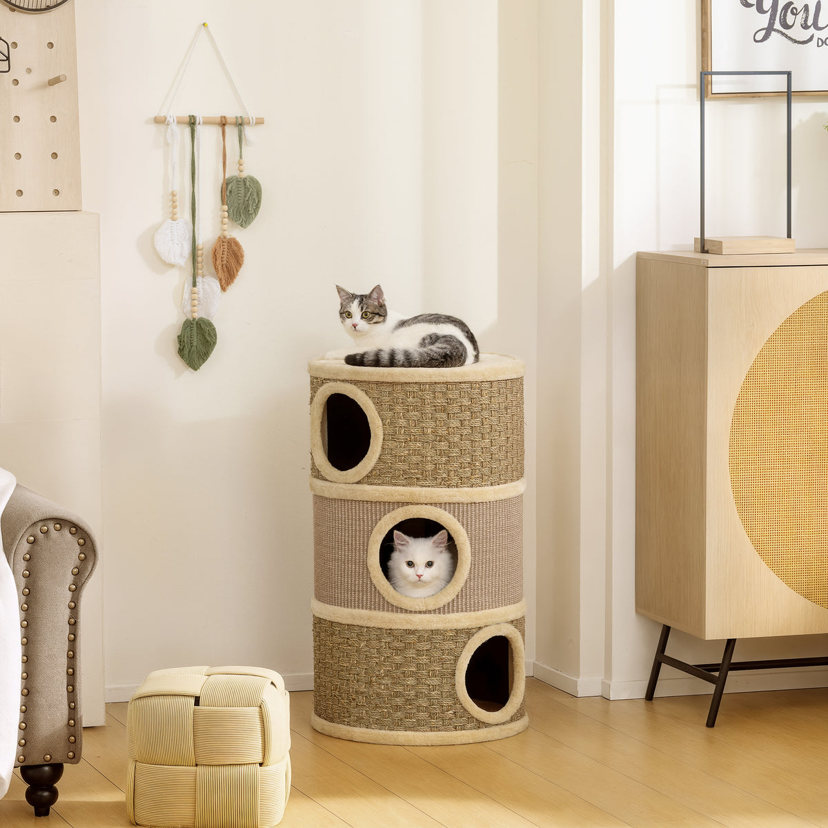 Tonneau à Gratter pour Chat Arbre à Chat Sisal Naturel et Herbiers Marins Recouvert de Peluche 45 x 45 x 79cm Kaki Café-9