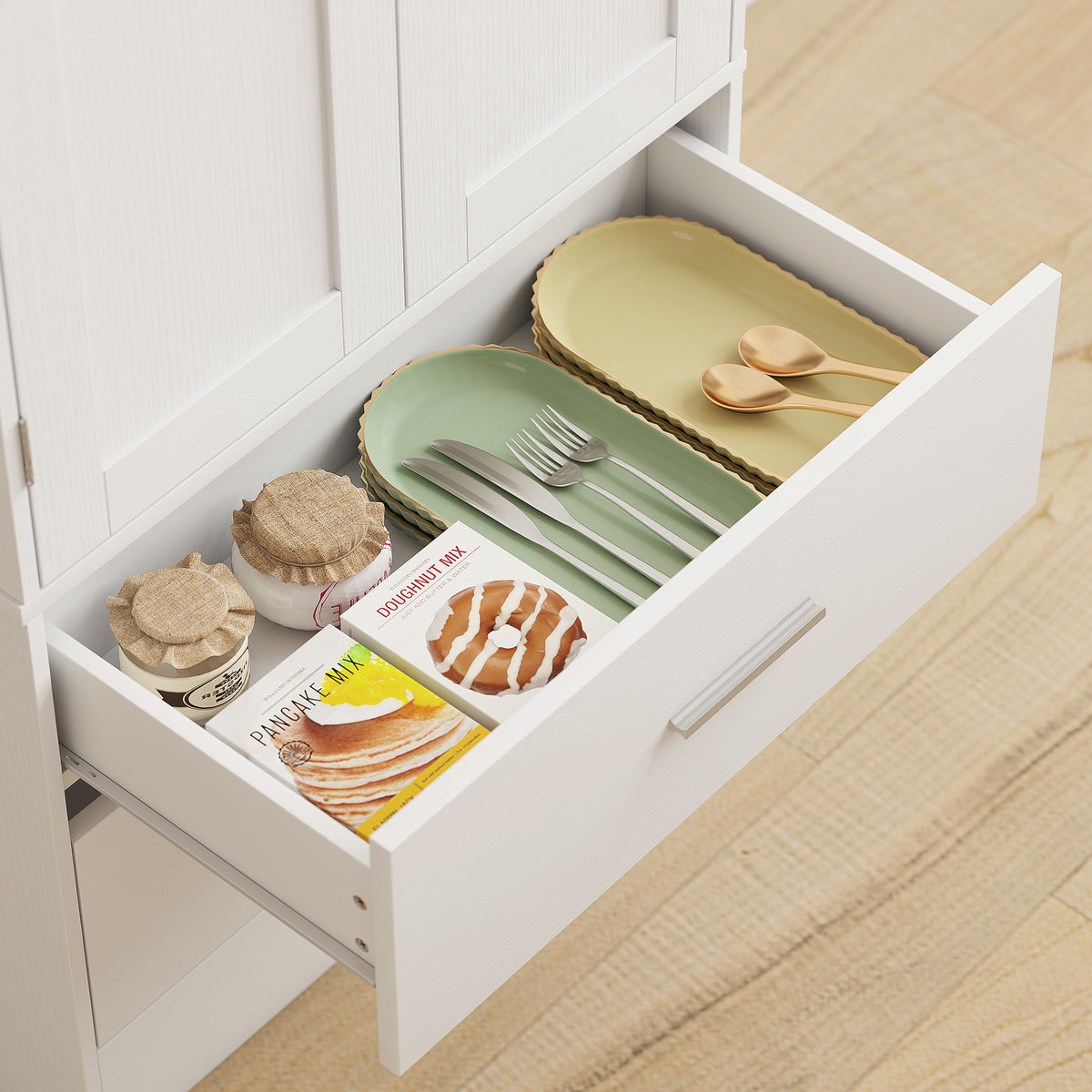 Buffet haut cuisine, armoire de cuisine, 2 portes, 8 porte-épices, 2 tiroirs, étagères réglables, 60x40x159cm, blanc-8