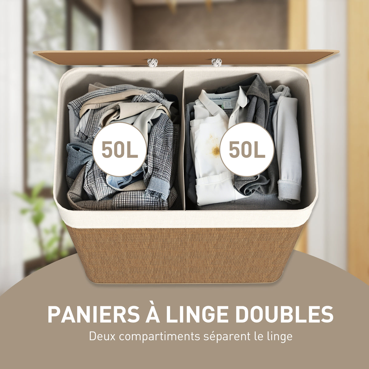 Panier à linge double avec couvercle, panier à linge en bambou 100 L avec poignées en corde-3