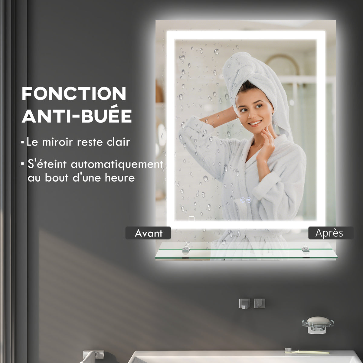 Miroir rectangulaire mural lumineux LED de salle de bain 80 x 60 cm-5