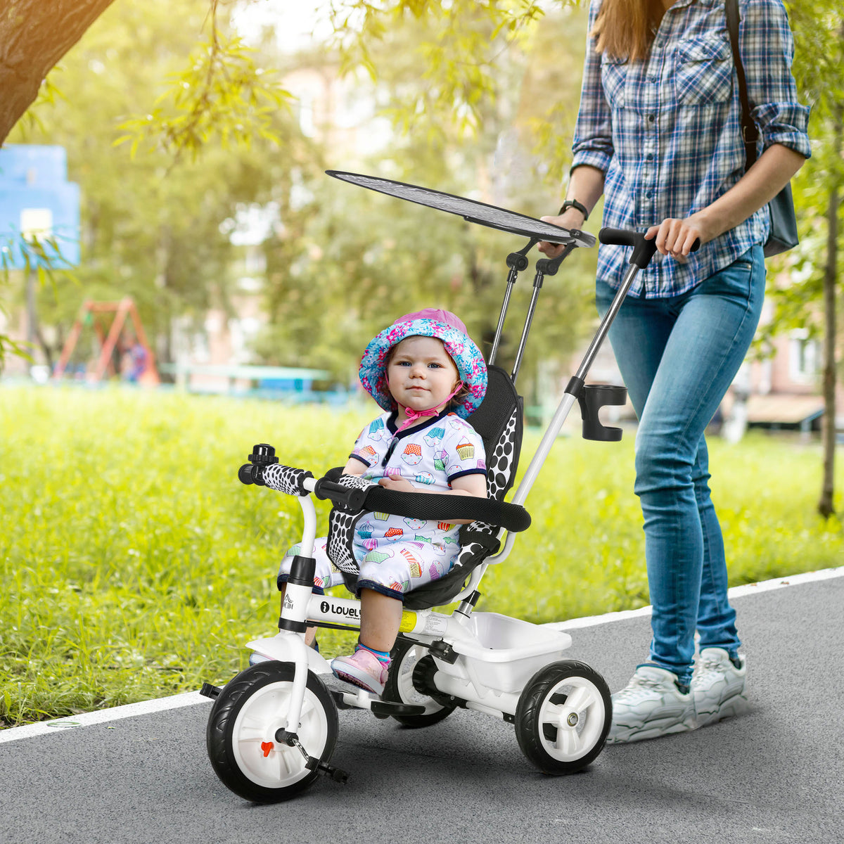 Tricycle Enfants Pare-Soleil Pliable Canne Amovible Benne Rangement 105 x 47 x 98 cm Acier Blanc et Noir-1
