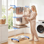 Séchoir étendoir à linge sur roulette pliable ailes latérales intérieure et extérieure 73 x 64 x 177 cm bleu argent-7