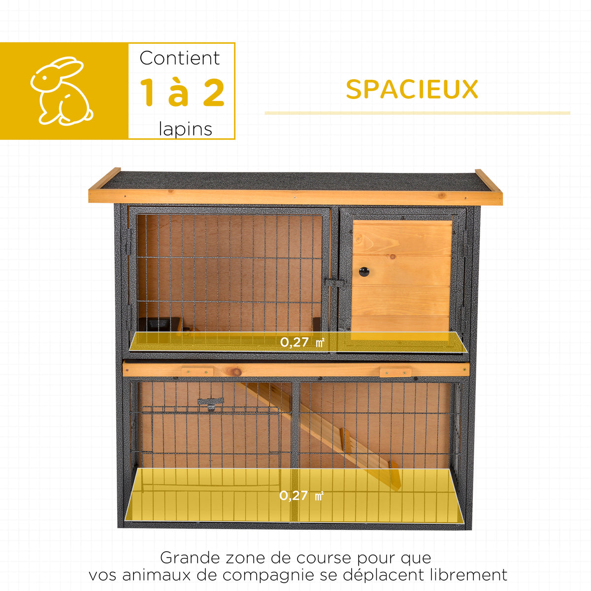 Clapier à lapin cage à lapin 2 niveaux 3 portes verrouillables rampe toit ouvrant bitûmé métal époxy pin pré-huilé-3
