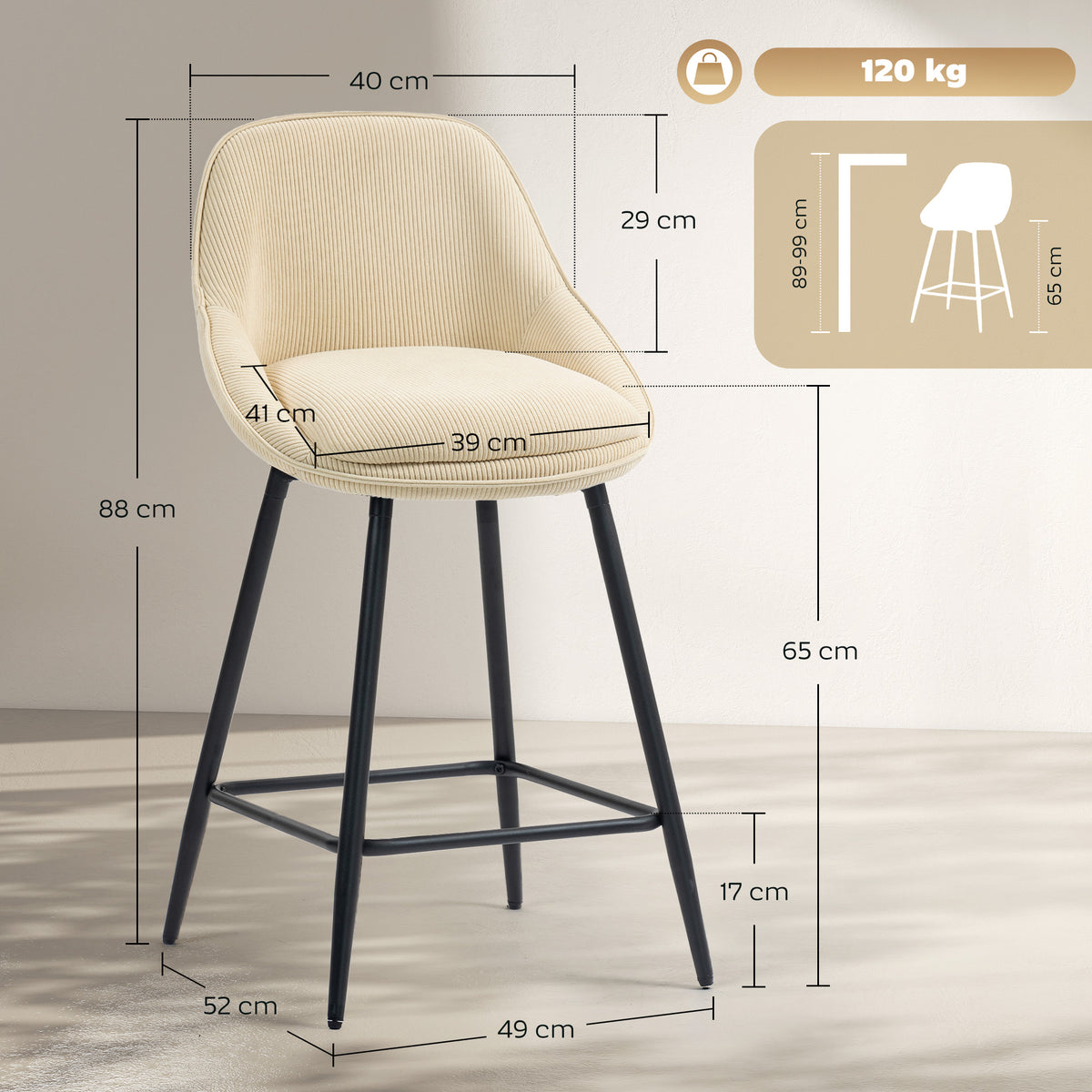 Lot de 2 tabourets de bar en tissu velours côtelé, chaises de bar avec dossier courbé, repose-pieds, 49x52x88cm, beige-2