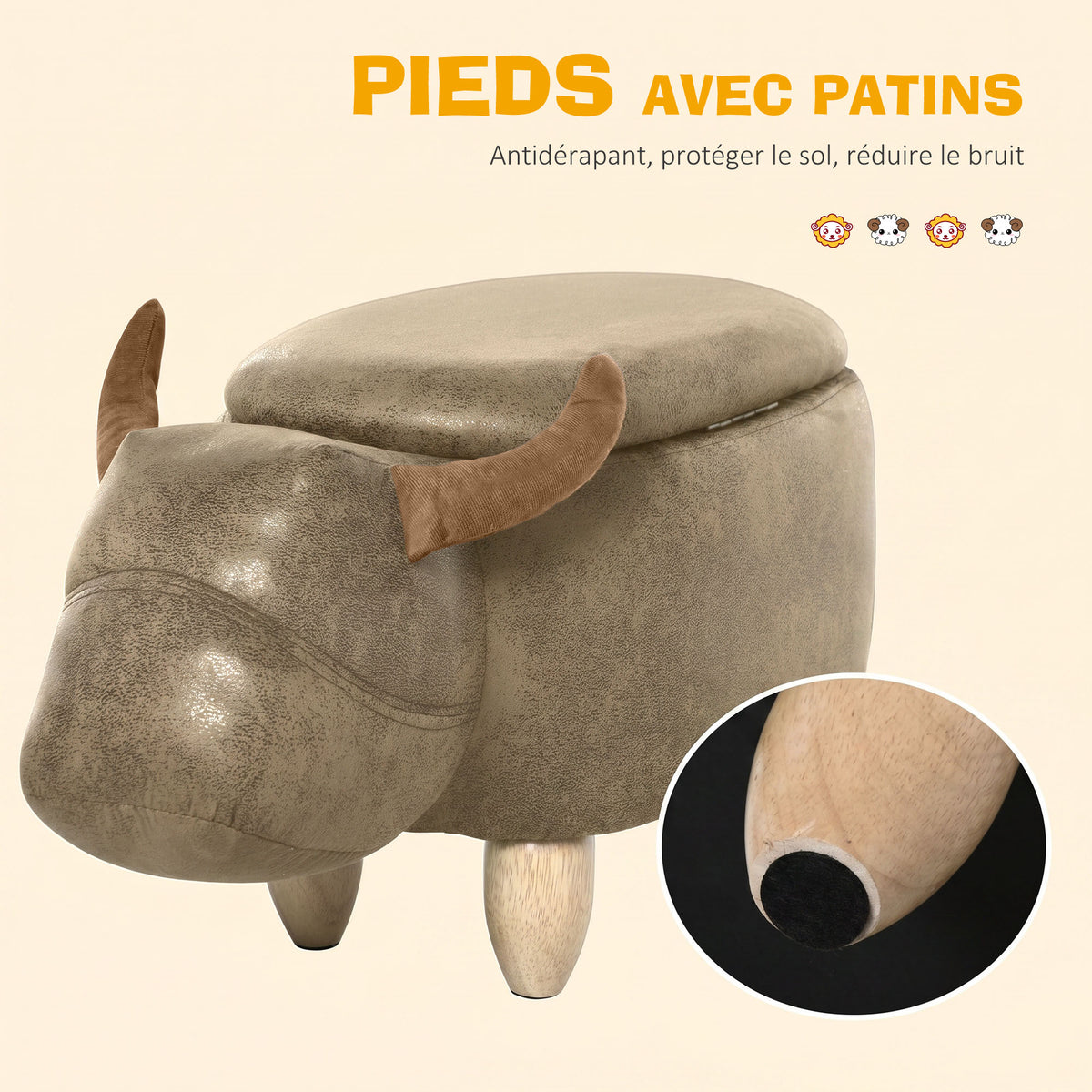 Tabouret Vache - Pouf Vachette - Pouf Taureau Coffre de Rangement 2 en 1 - Pieds Bois d'hévéa revêtement synthétique Aspect Daim Vieilli Marron-5