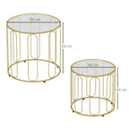 Lot de 2 tables basses gigognes rondes modernes avec cadre en métal et plateau en verre, ton doré-2