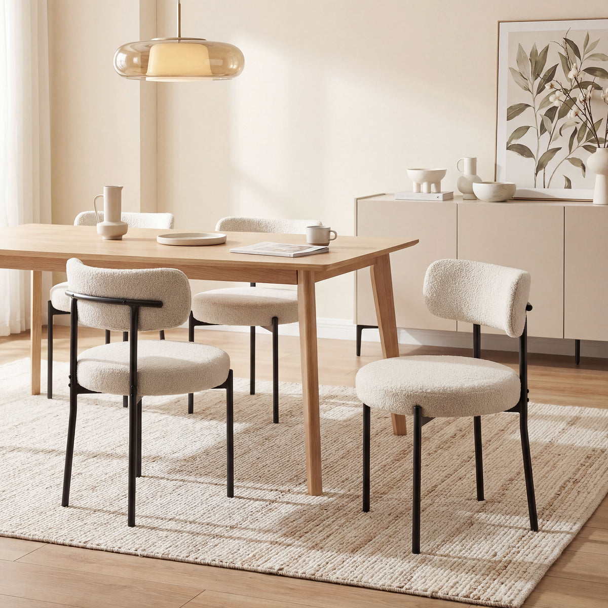 Lot de 4 Chaises Salle à Manger Chaises de Cuisine Rembourrées en Tissu Bouclette Dossier Incurvé Pieds en Acier Beige-8
