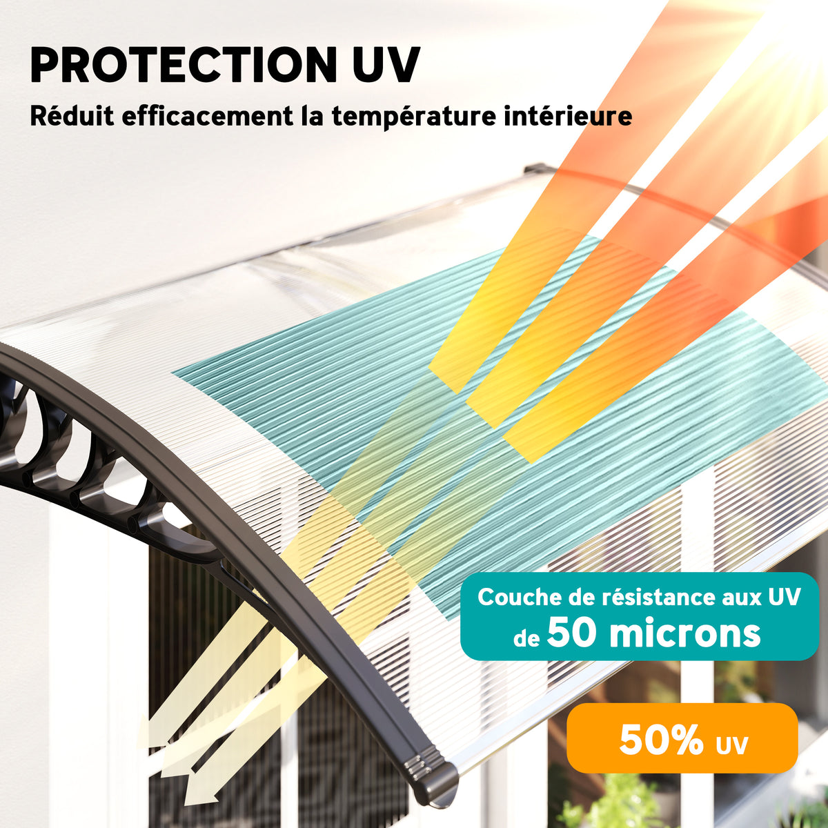 Auvent de porte d'entrée toit marquise en polycarbonate protection contre pluie neige UV 90 x 122 cm, transparente-3