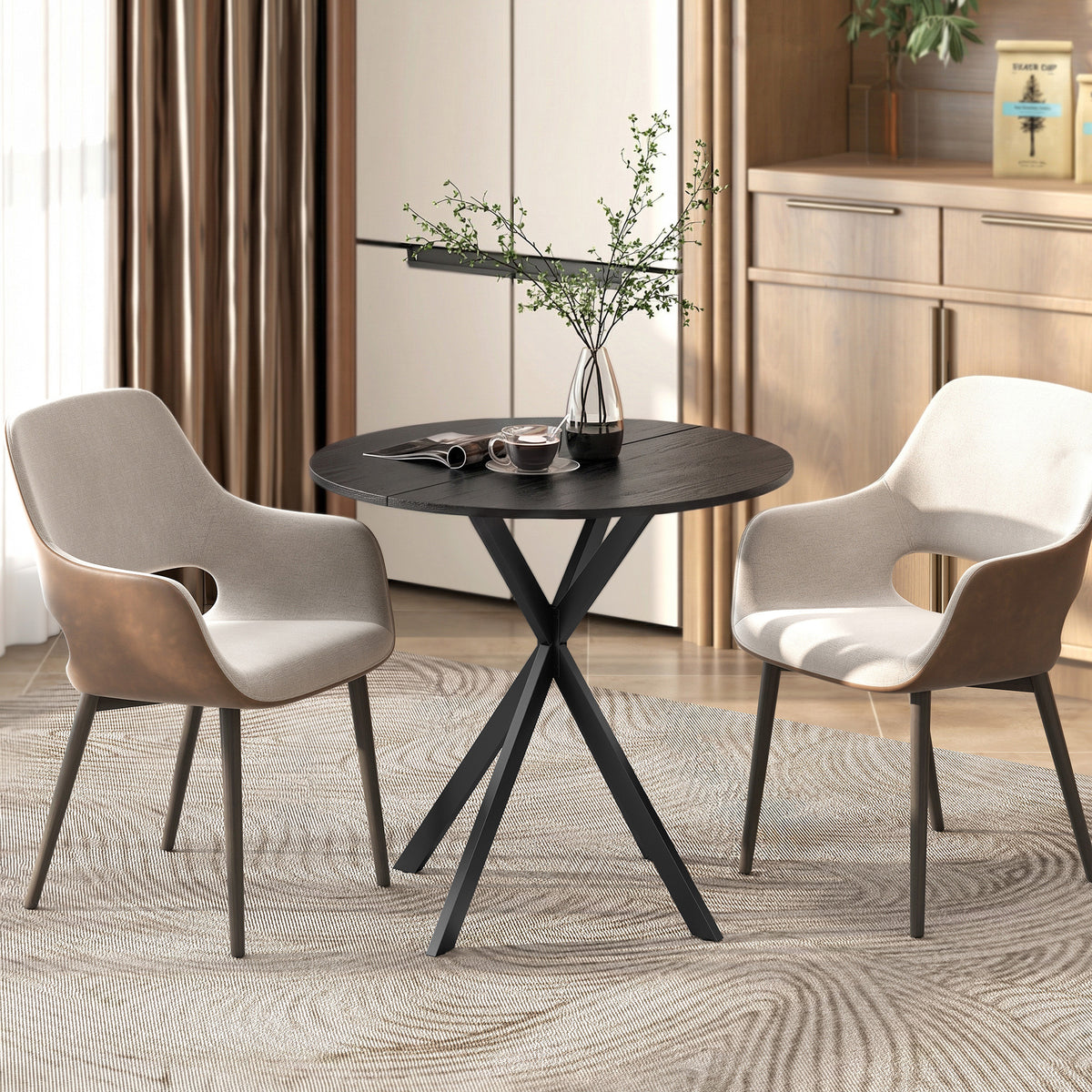 Table à Manger Ronde pour 2 Personnes avec Plateau Aspect Bois et Piètement Croisé en Acier, Noir-9