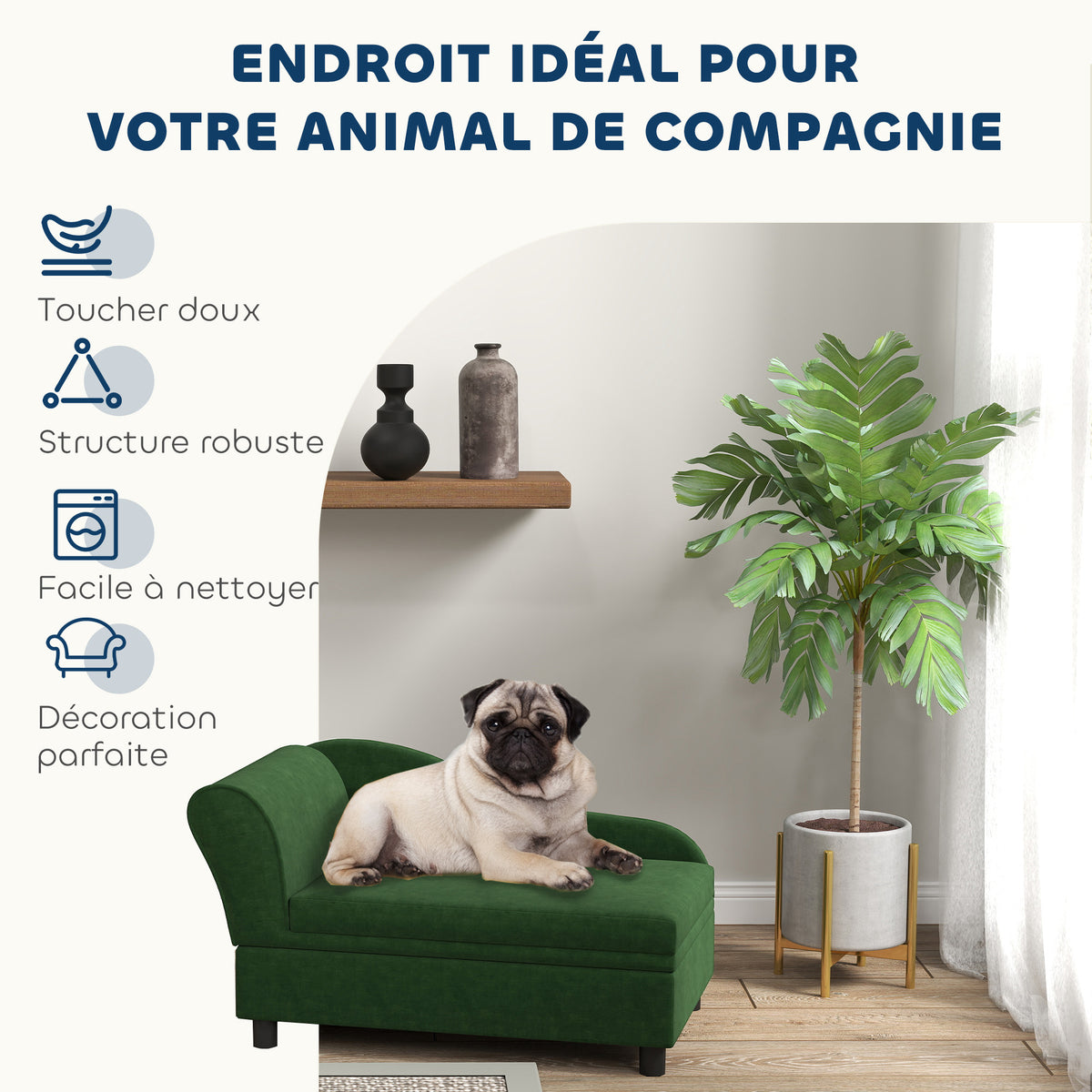 Canapé chien chat sur pied avec coffre de rangement style moderne coussin d'assise amovible 76 x 45 x 43 cm vert-3