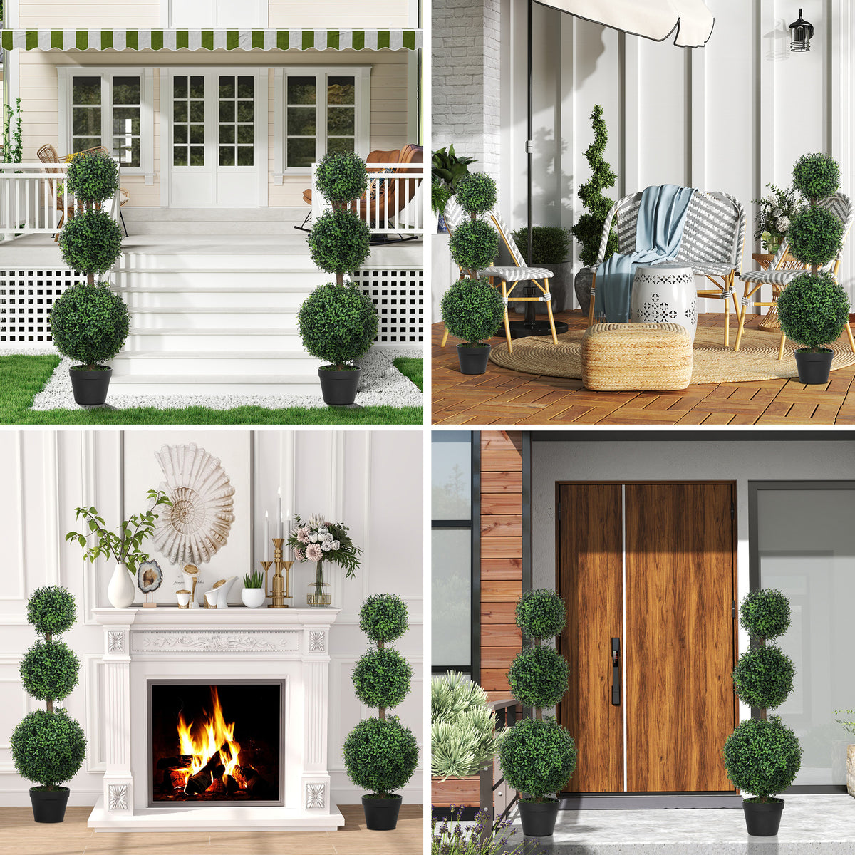 Lot de 2 arbres artificiels 101,6 cm 3 boules de buis topiaires fausse plante vert PE avec pot intérieur et extérieur-1