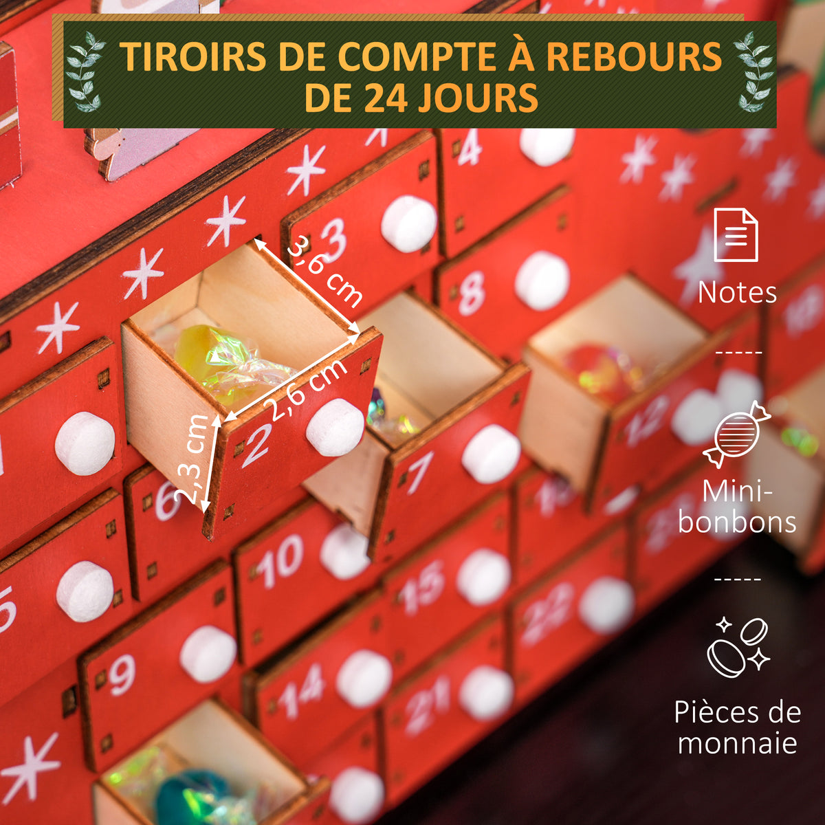 Calendrier de l'Avent à remplir en bois, décoration de Noël avec 24 tiroirs, Père Noël et traîneau, 22,5x8x36cm, rouge-3