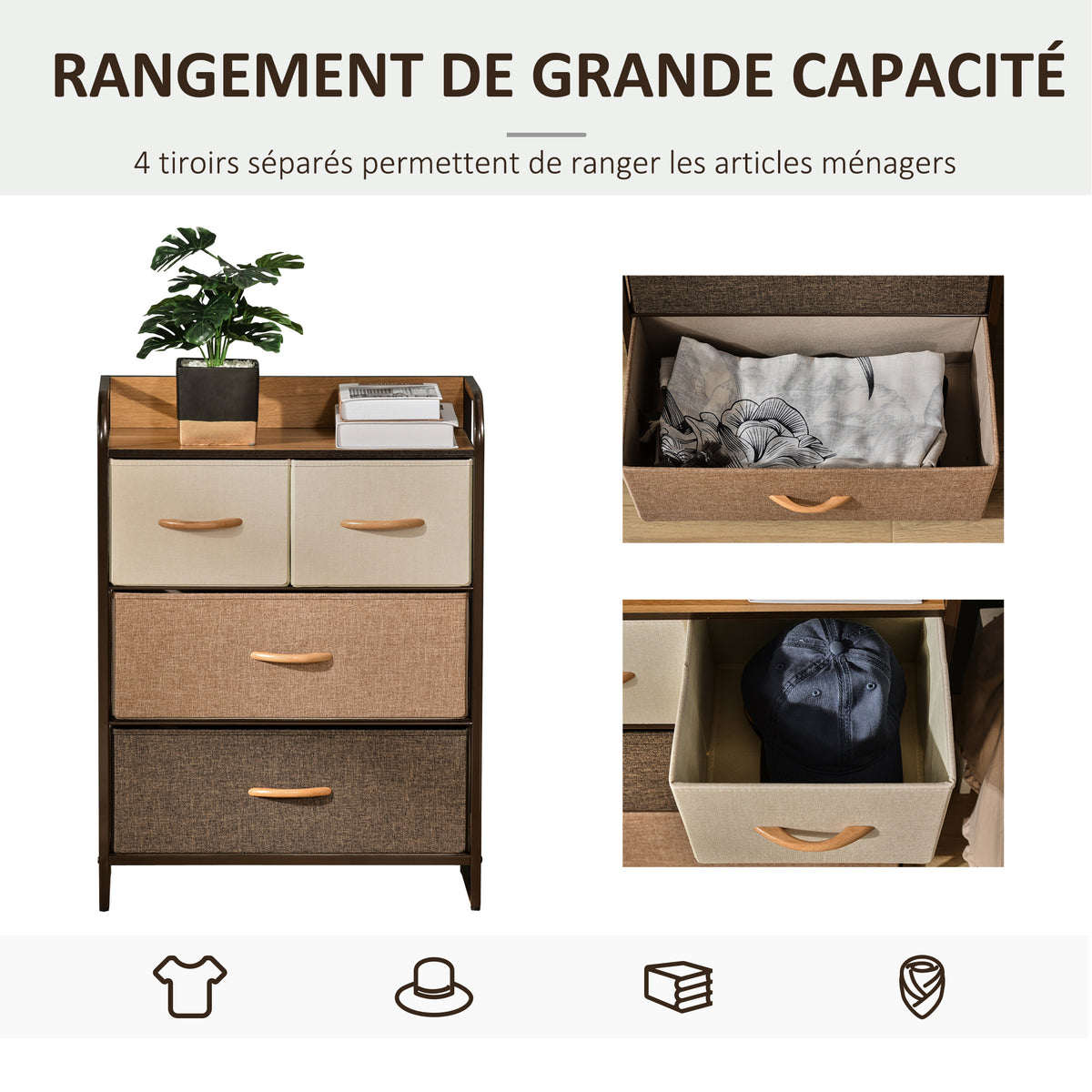 Meuble de Rangement chiffonnier 4 tiroirs en Tissu 58 x 29 x 78,5 cm multicolore-4