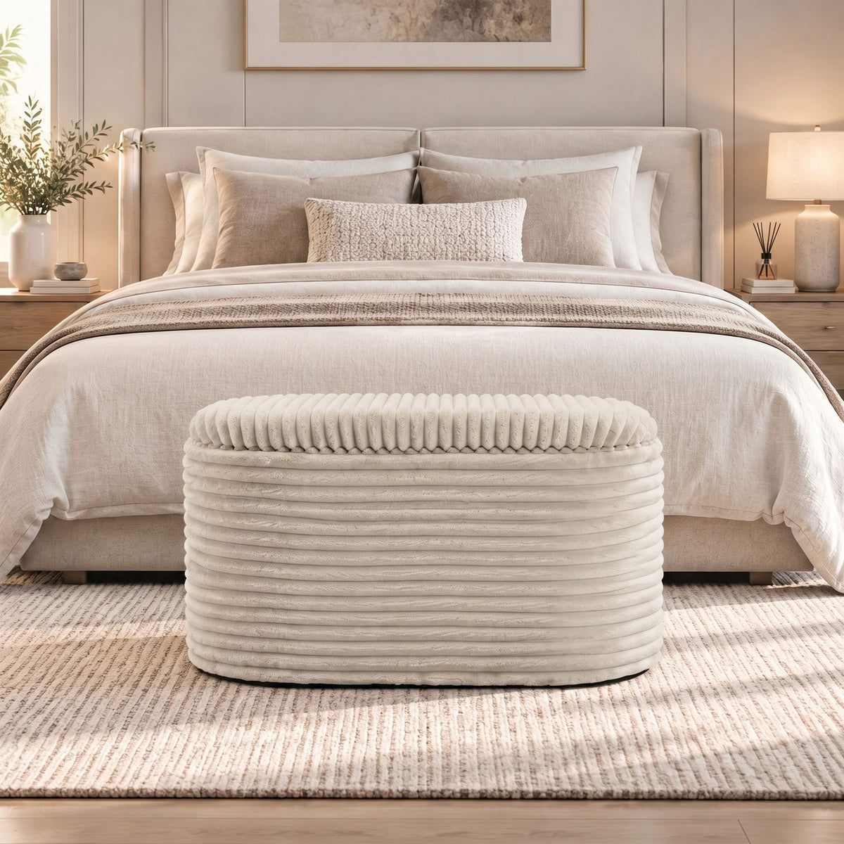 Banc de Rangement en Velours Pouf Coffre de Rangement Gigogne 3 en 1 avec 2 Petits Tabourets Intégrés 82x43x44cm Beige-1