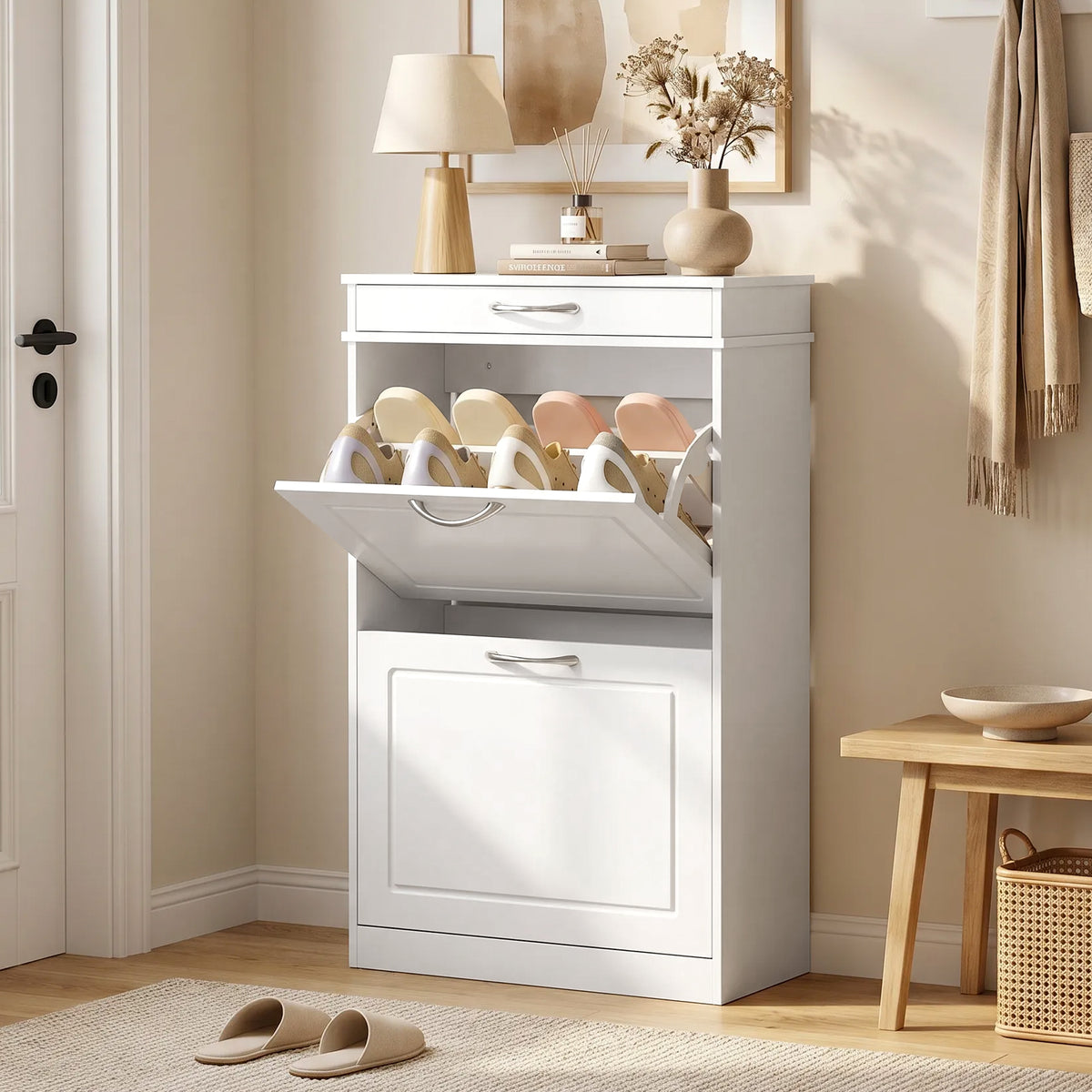 Meuble chaussure 8 paires, armoire à chaussures étroit avec tiroir et 2 portes abattants et étagère réglable, blanc-1