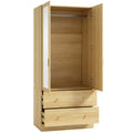 Armoire chambre penderie avec miroir, 2 portes, 2 tiroirs et barre de suspension, 80 x 50 x 180 cm, chêne-0
