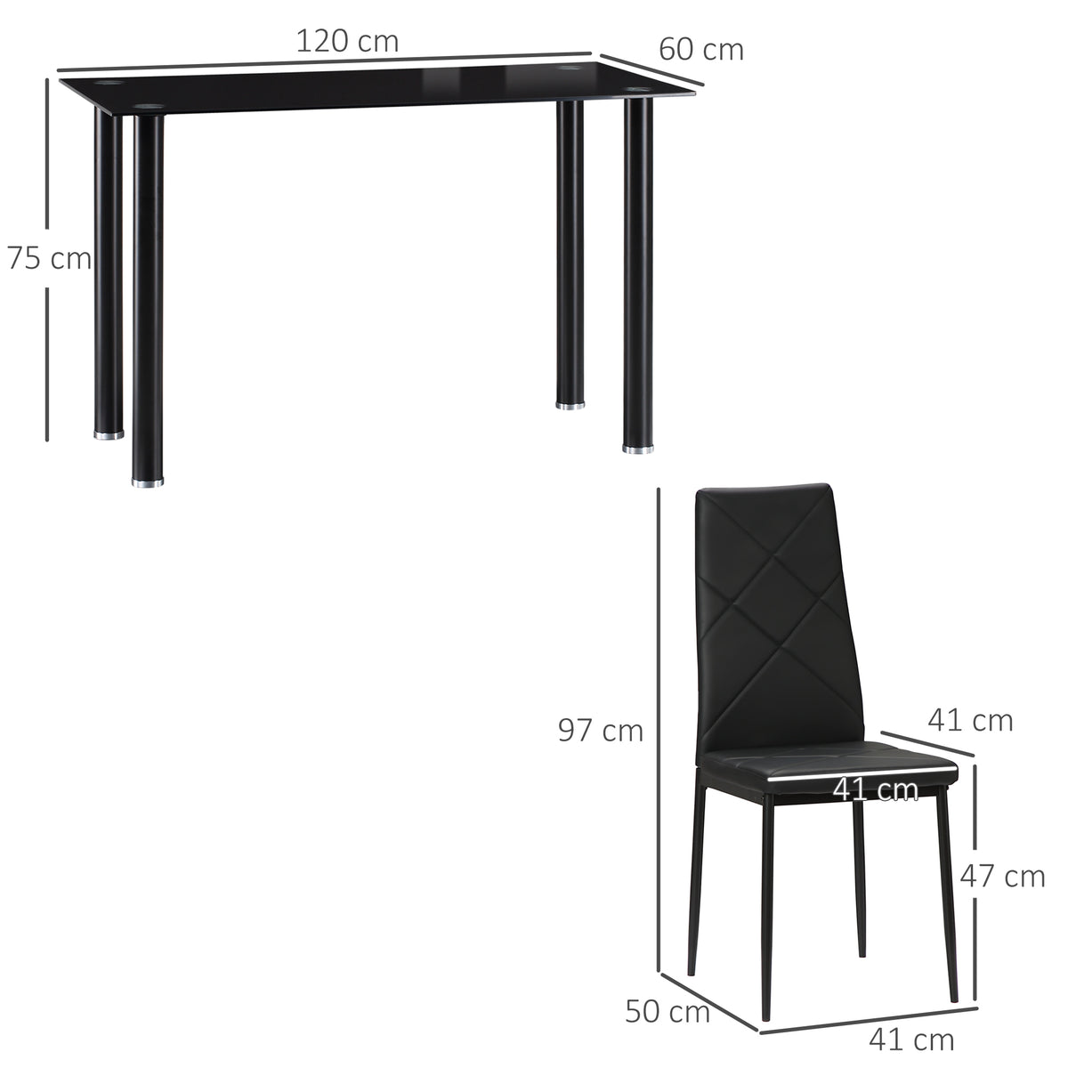 Ensemble de table à manger avec 4 chaises plateau en verre trempé, pieds en acier, pour cuisine salon noir-2