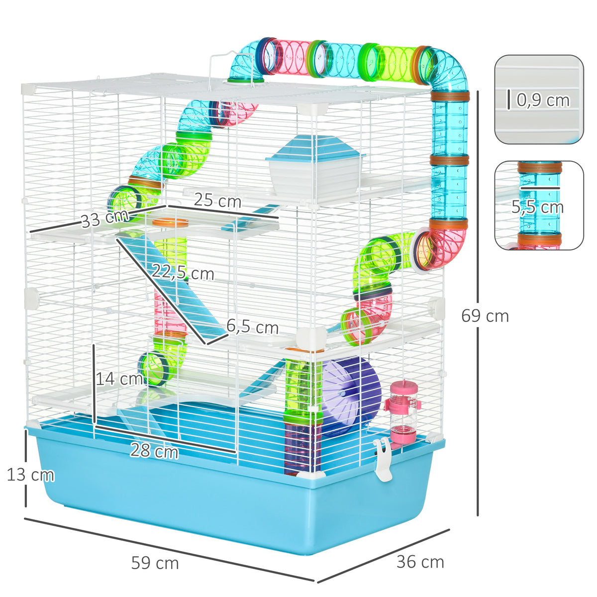 Grande cage pour hamsters cage pour rongeur 5 niveaux avec tunnels abreuvoir roue maisonnette échelles dim. 59L x 36l x 69H cm-2