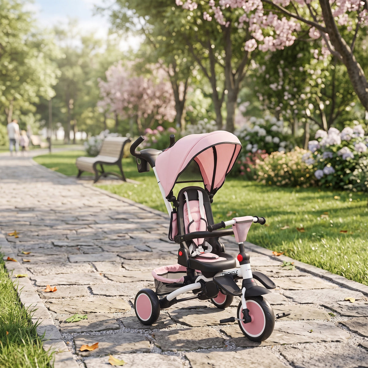 Tricycle bébé évolutif 6 en 1, tricycle enfant pliable avec poignée parentale réglable, siège pivotant 360°, rose-1