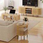 Meuble TV, meuble télé pour téléviseur 60 pouces, 2 portes à lattes, 140x40x52cm, bois naturel-8