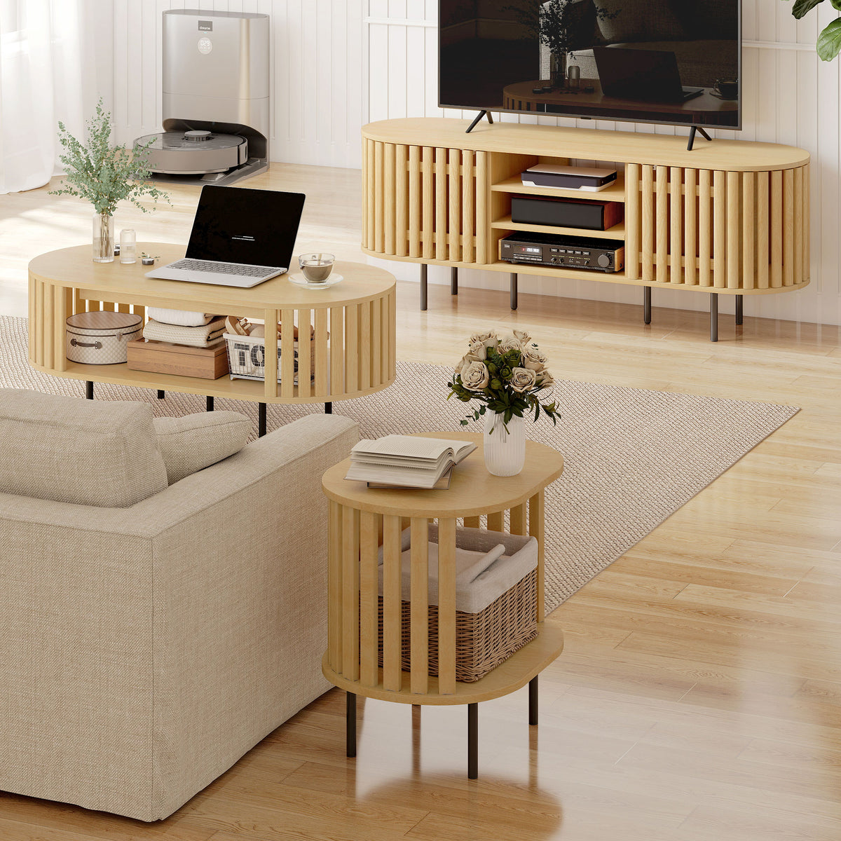 Meuble TV, meuble télé pour téléviseur 60 pouces, 2 portes à lattes, 140x40x52cm, bois naturel-8