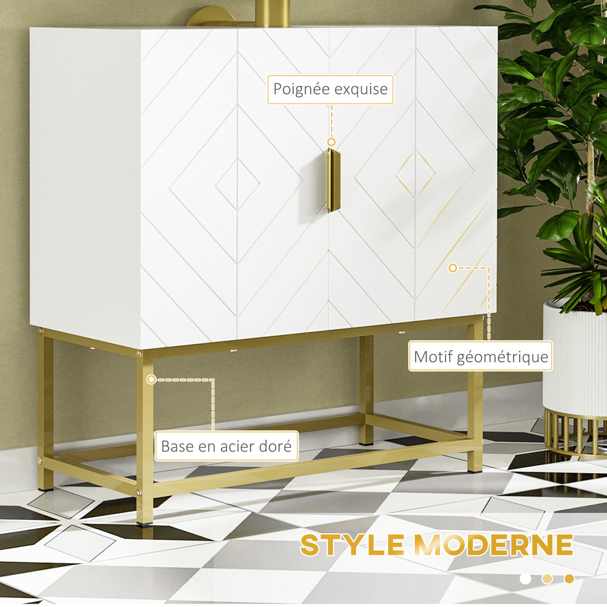 Meuble sous lavabo meuble de salle de bain avec placard double porte pieds en acier doré 60 x 30 x 65 cm blanc-4