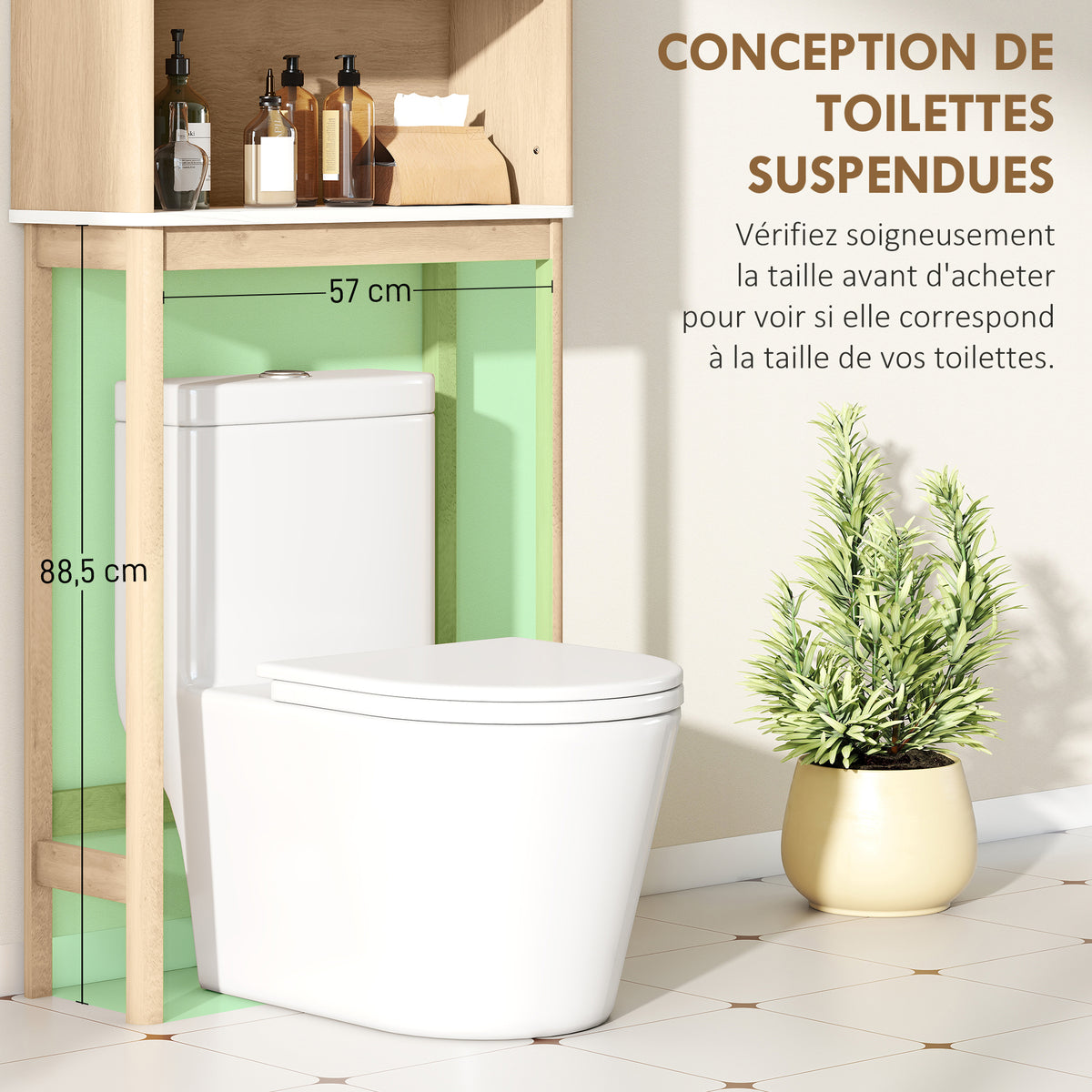 Meuble WC dessus de toilette meuble toilettes WC rangement avec placard à double porte étagères 66 x 25 x 168 cm, chêne-3