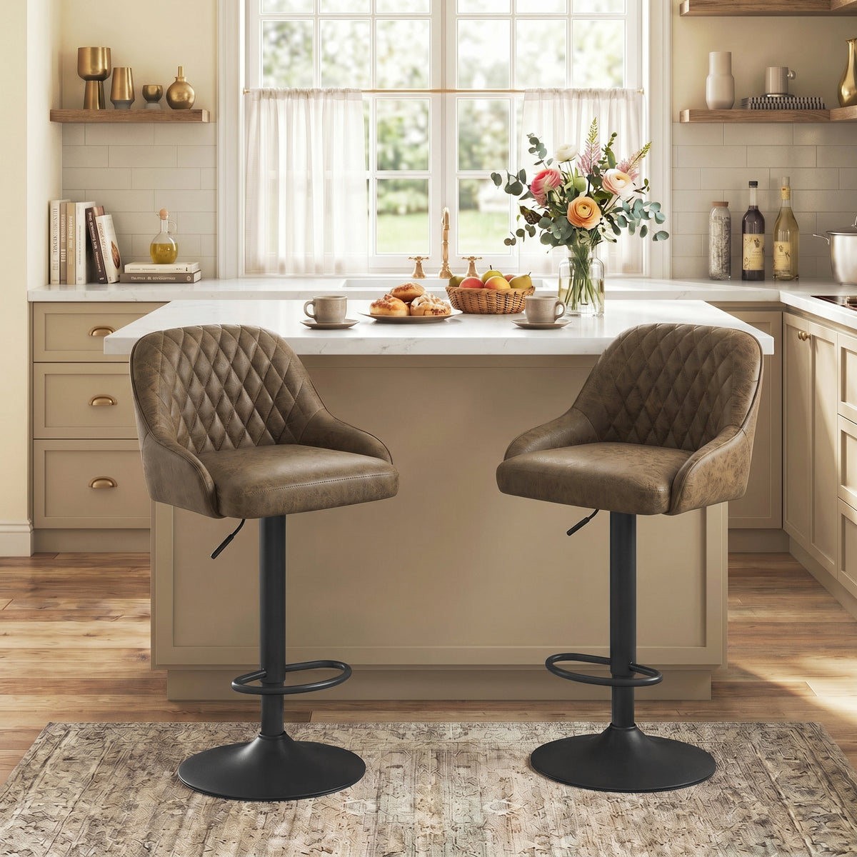 Lot de 2 Tabourets de Bar, Tabourets Hauts Cuisine avec Siège Pivotant et Hauteur Réglable, Marron Foncé-8