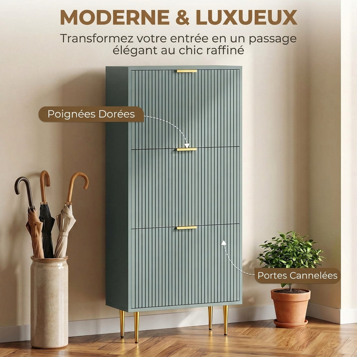 Meuble à Chaussures 18 Paires, Armoire à Chaussures avec 3 Tiroirs, Façades Cannelées et Étagères Réglables, Vert Foncé-6