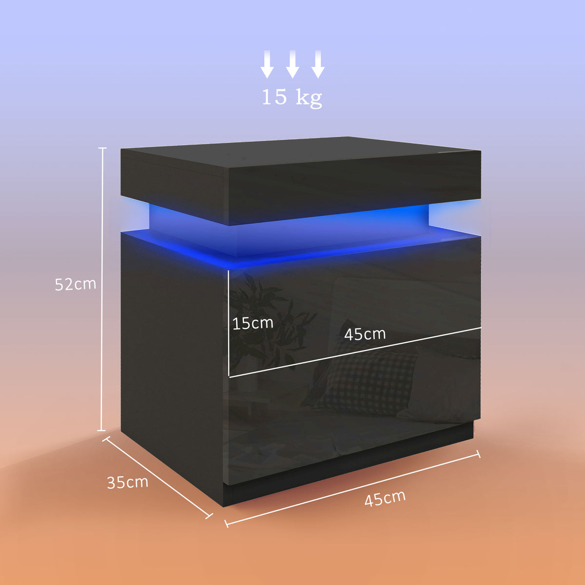 Table de chevet table de nuit lumière LED RVB panneau haute brillance avec 2 tiroirs pour salon chambre à coucher noir-2